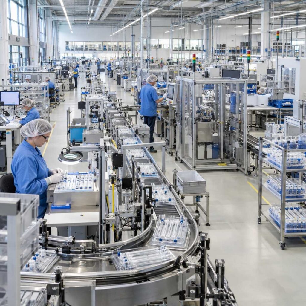 Vernetzte industrielle Produktion mit automatisierten Prozessen und Materialfluss